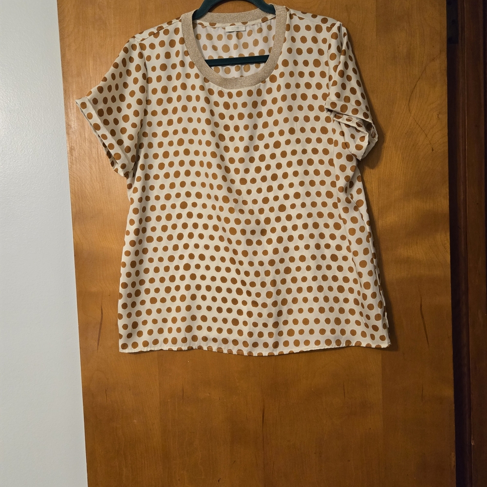Oltre White & Rust Colored Polka Dot Short Sleeve Top Size 12